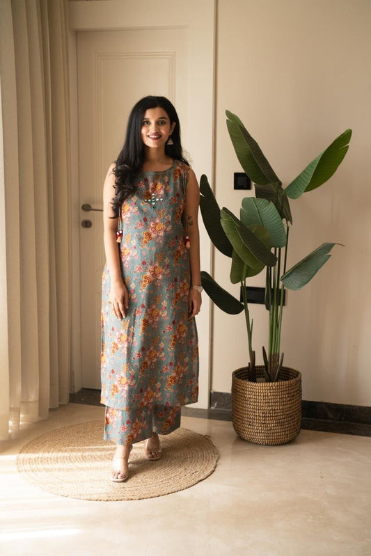 Kisha Sleeveless Cotton Set- Green Florals