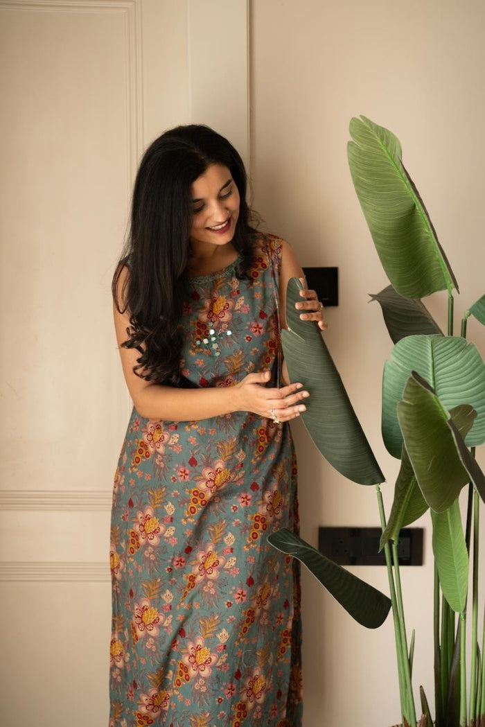 Kisha Sleeveless Cotton Set- Green Florals