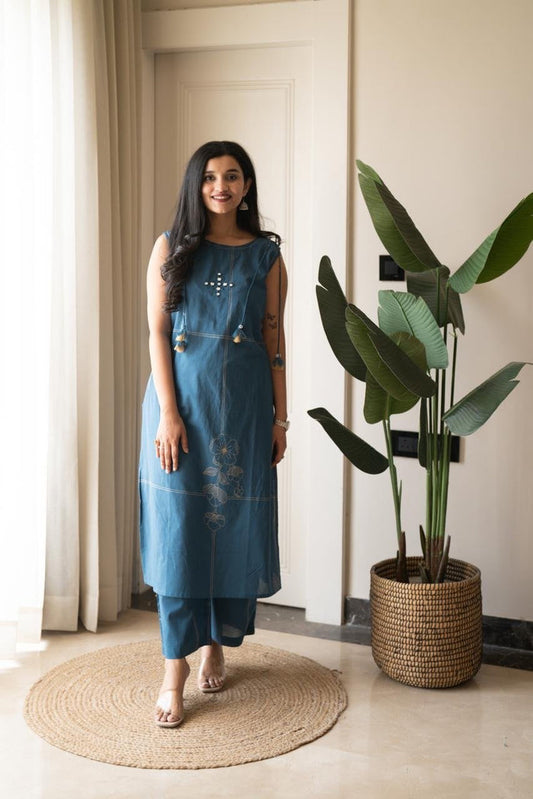 Kisha Sleeveless Cotton Set- Teal