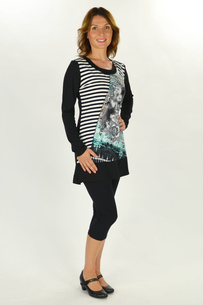 Jenny May Lady in Waiting Tunic Top, stylish women's tunic with a flattering fit, showcased on a model in a casual setting.