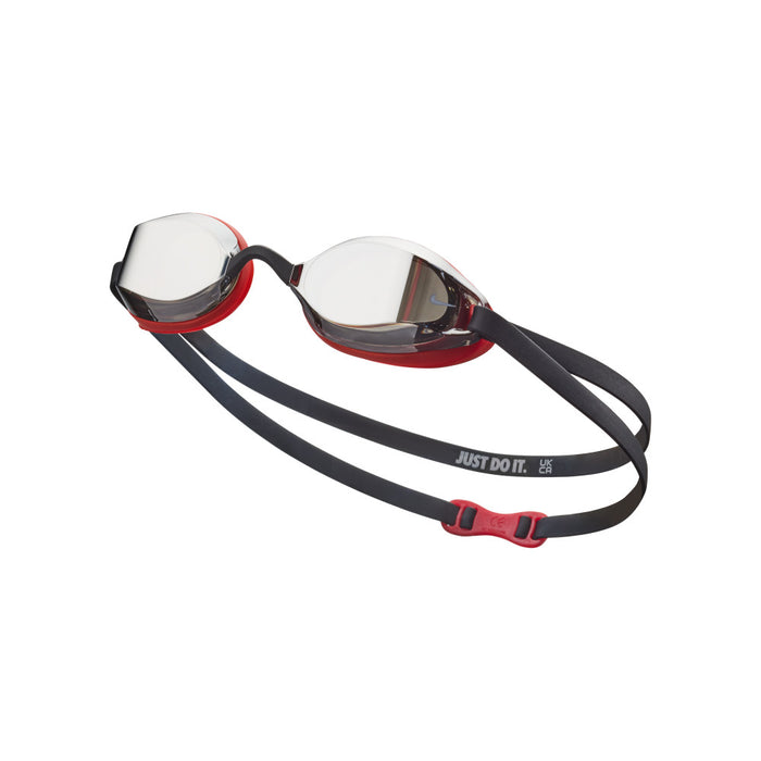 Nike Legacy Mirror Goggle in red with reflective lens, designed for swimming and water sports.