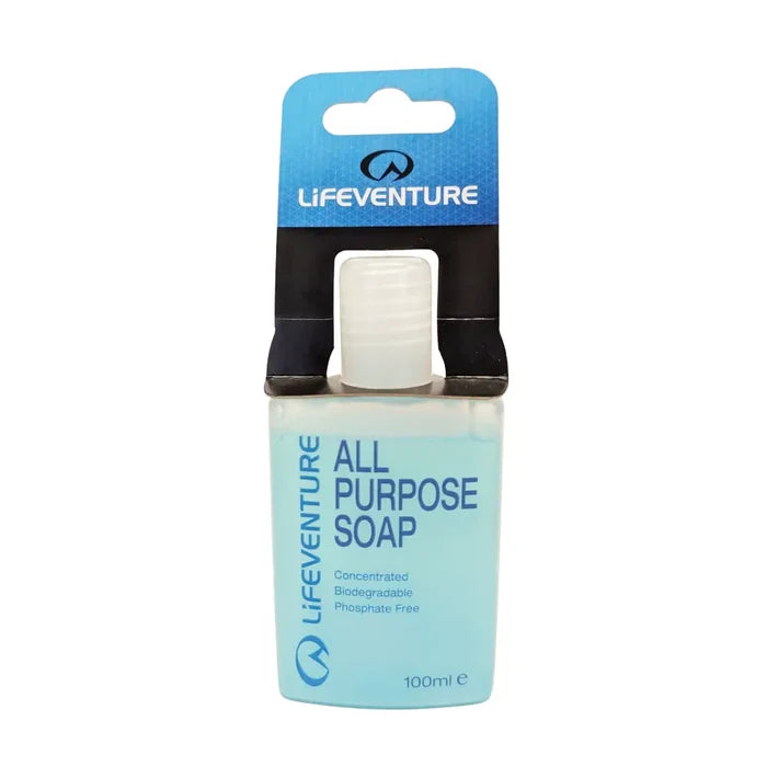 Lifeventure All Purpose Soap 100ml bottle with its blue and black cardboard hanger packaging, shown against a plain white background.