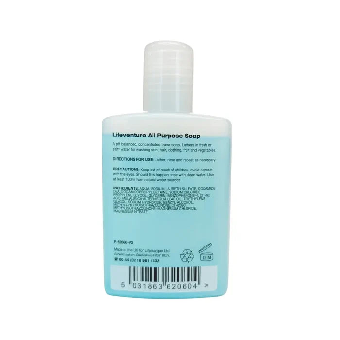 A bottle of Lifeventure All Purpose Soap shown from the back, featuring a white plastic body and cap with a light blue label, on a plain white background.