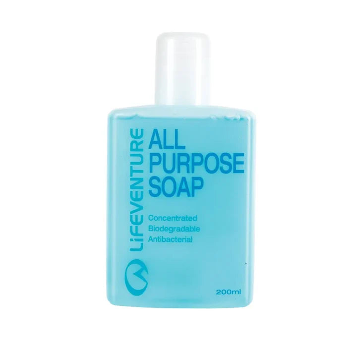 A 200ml bottle of Lifeventure All Purpose Liquid Soap with a translucent light blue body and a white cap, shown on a plain white background.