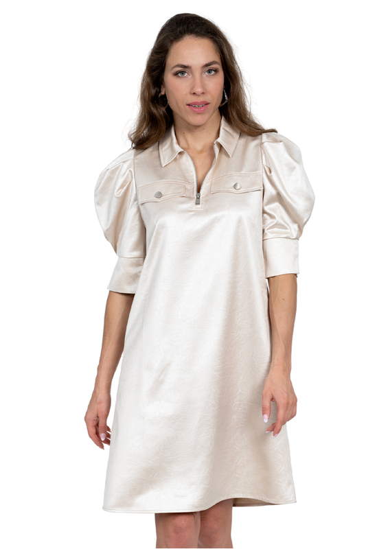 LIOR Women's Ivory Puff Sleeve Satin Dress Zipper Front - "Crema"