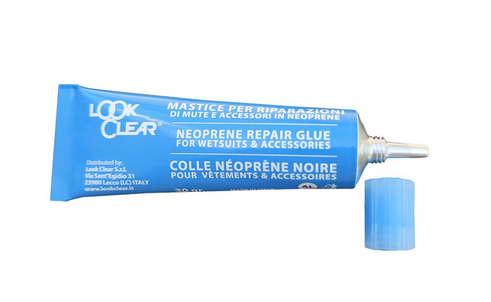Black Look Clear Neoprene Glue 30g for neoprene accessories, shown in a close-up image of the tube and applicator.