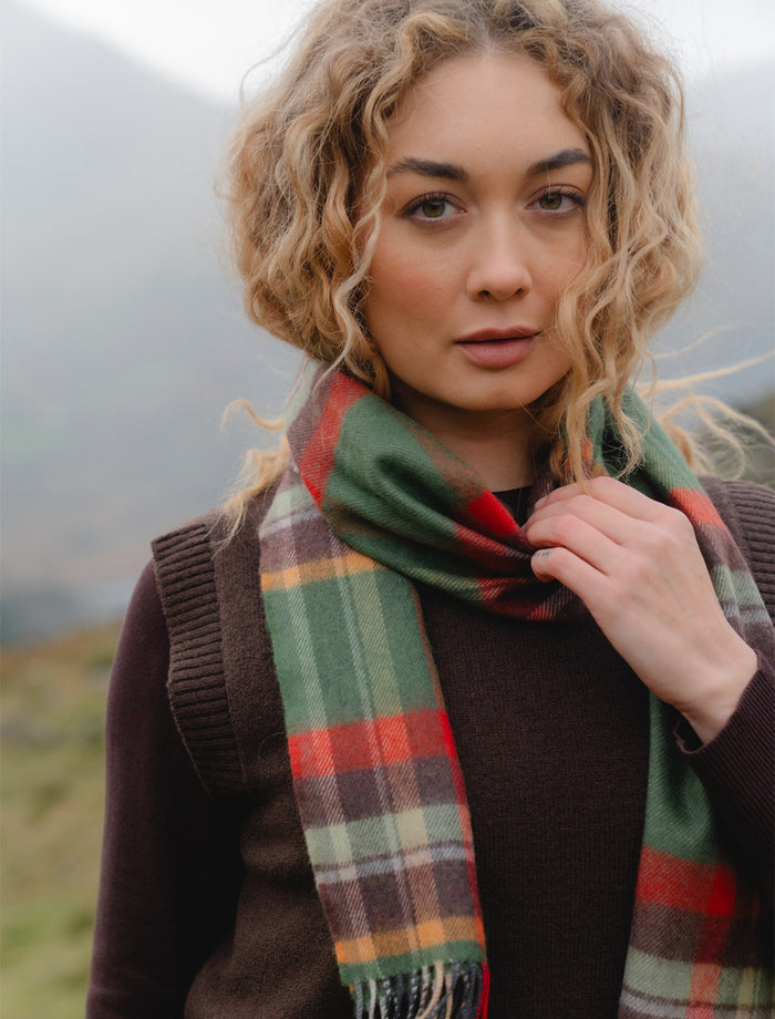 Fine Merino Plaid Scarf - Green Rust & Orange #color_green-rust-orange