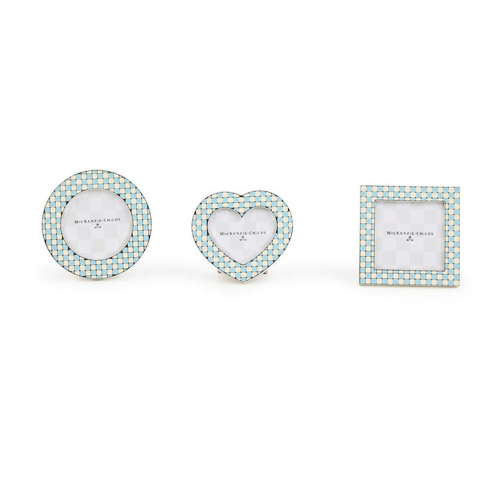 blue and white check frames in the shape of a heart, circle, or square