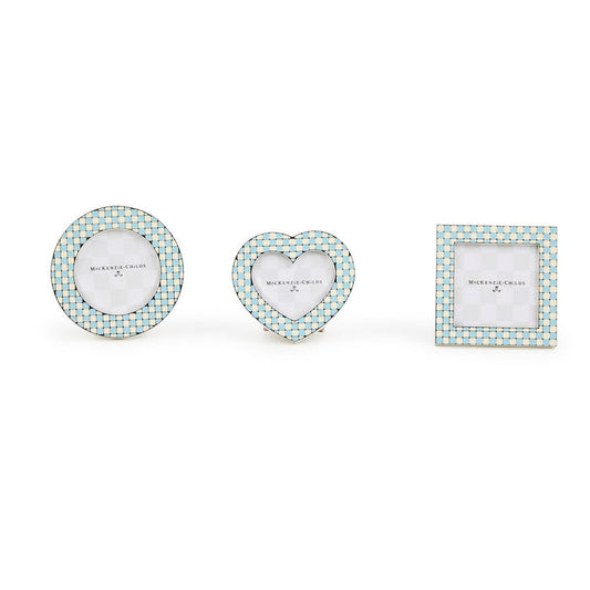 blue and white check frames in the shape of a heart, circle, or square