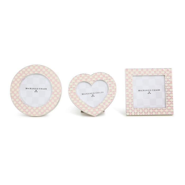 pink check frames in the shape of a heart, circle, or square