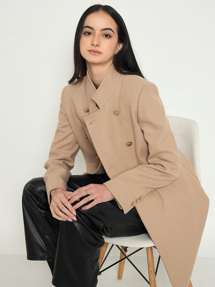 Madame Beige Long Coat with Stand COllar and Buttons