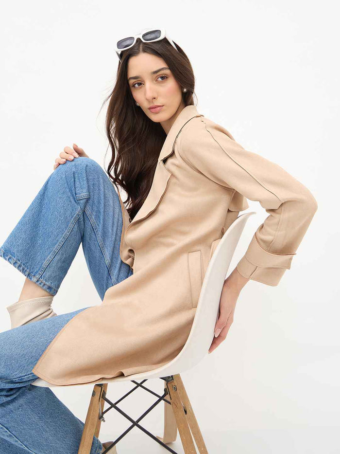 Madame Beige Trench Coat with Lapel Notch Neckline and Belt