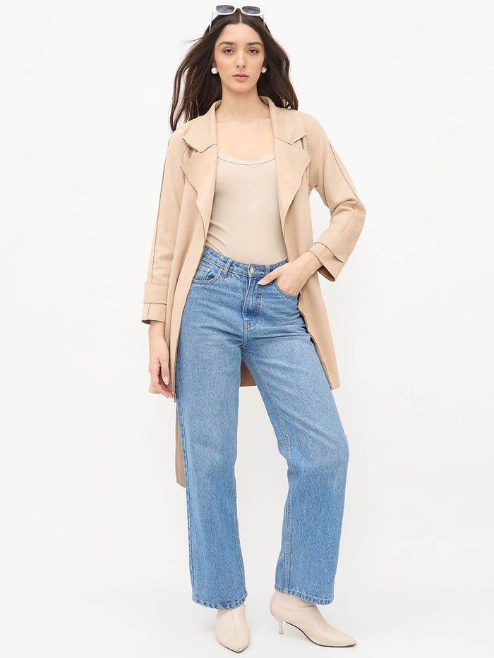 Madame Beige Trench Coat with Lapel Notch Neckline and Belt