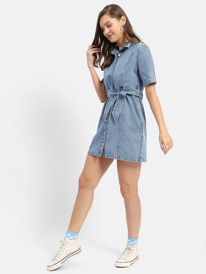 Madame Belted Waist Mid Blue Denim Shirt Dress