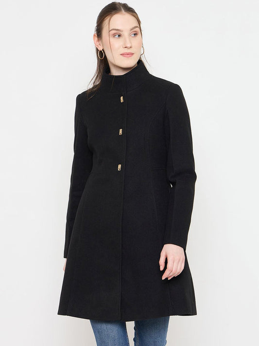Madame Black Long Coat with Stand Collar and Buttons