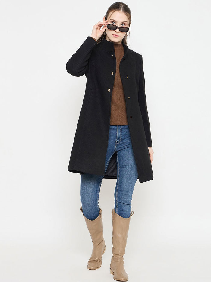 Madame Black Long Coat with Stand Collar and Buttons