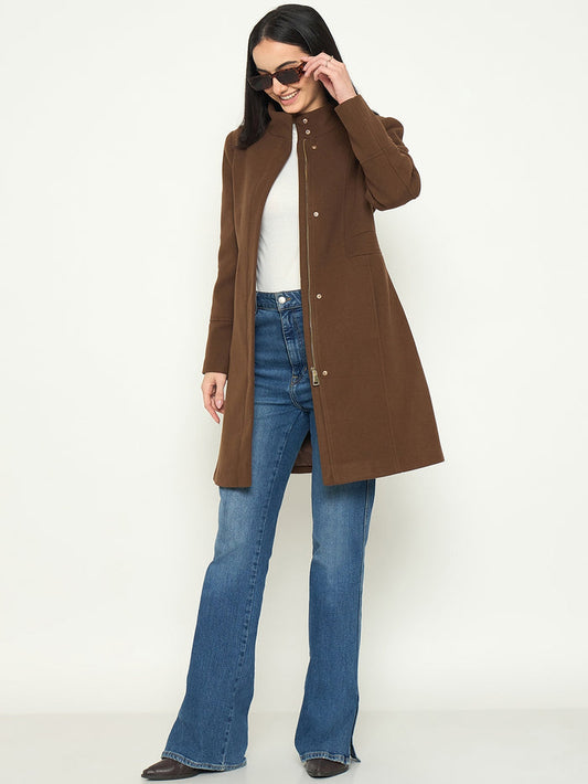 Madame Brown Mock Neck Long Coat with Buttons