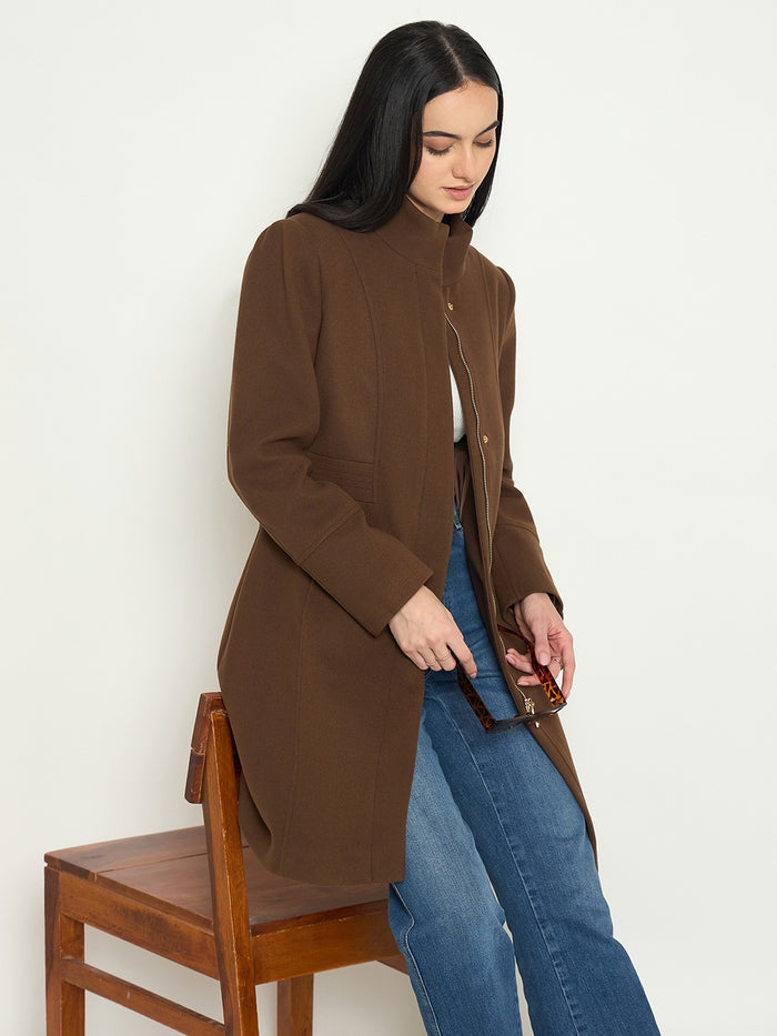 Madame Brown Mock Neck Long Coat with Buttons