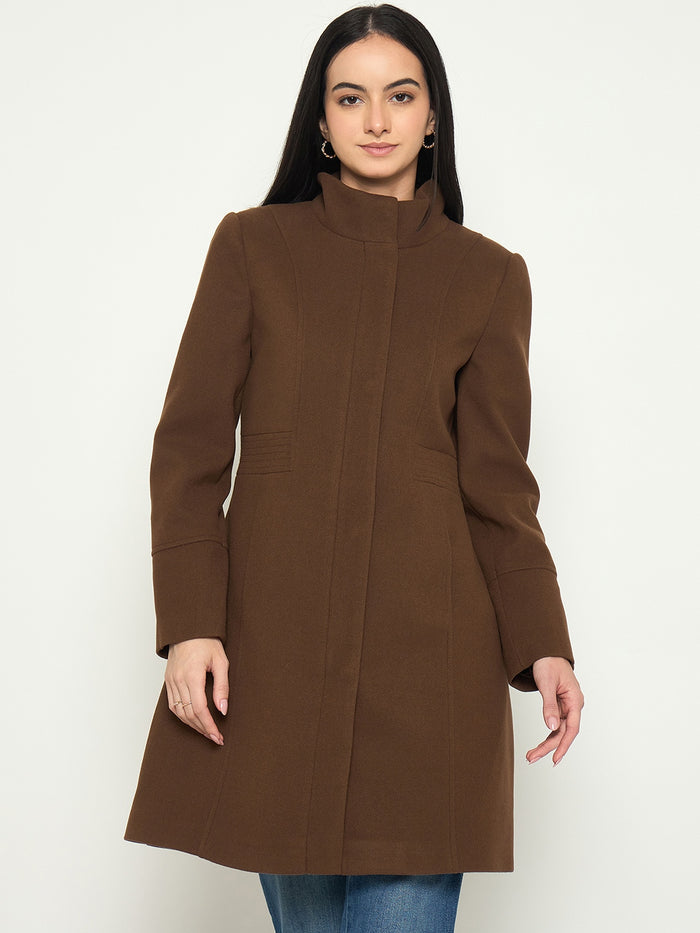Madame Brown Mock Neck Long Coat with Buttons