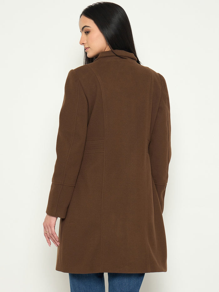 Madame Brown Mock Neck Long Coat with Buttons