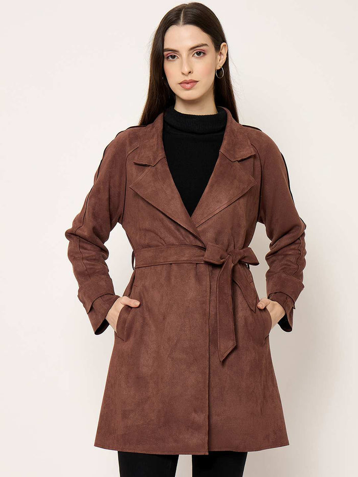 Madame Brown Trench Coat with Notch Lapel Neckline and Belt