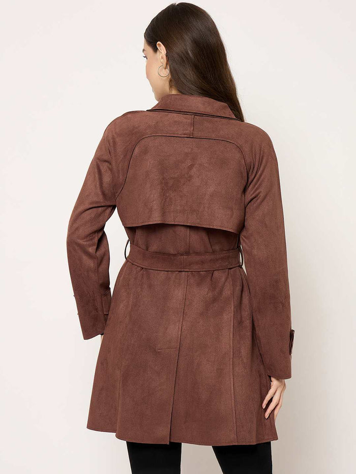Madame Brown Trench Coat with Notch Lapel Neckline and Belt