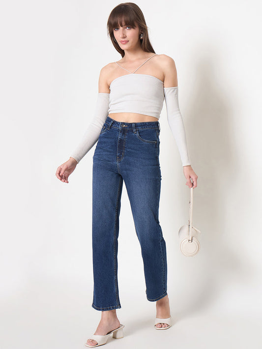 Madame Cotton Blend Rolled Hem Dark Blue Straight Jeans