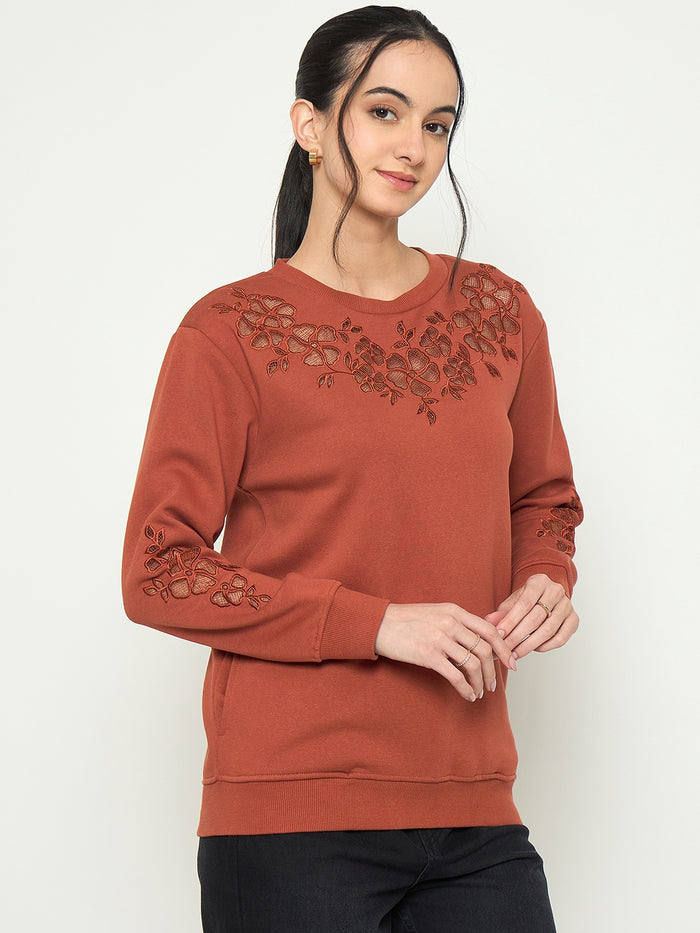 Madame Embroidered Round Neck Rust Orange Sweater