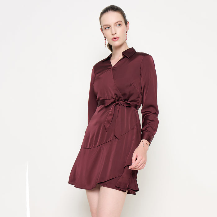 Madame Fabric Belted Cuff Sleeve Solid Chocolate Brown Satin Short Dress