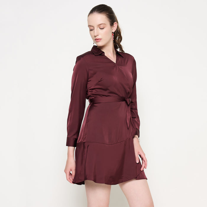 Madame Fabric Belted Cuff Sleeve Solid Chocolate Brown Satin Short Dress