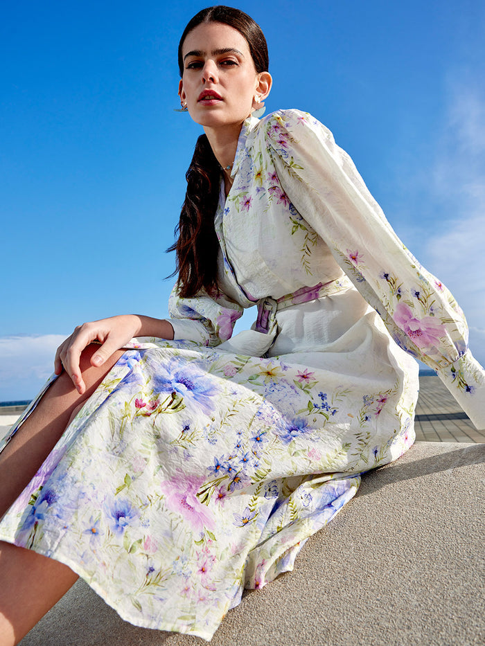 Madame Floral Print Belted White Shirt Dress
