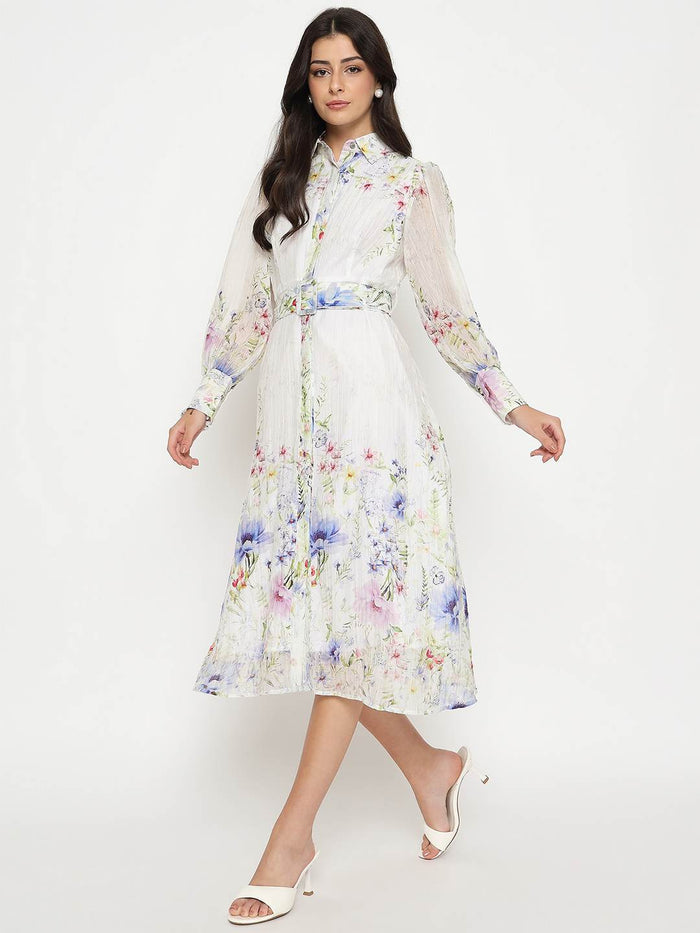 Madame Floral Print Belted White Shirt Dress