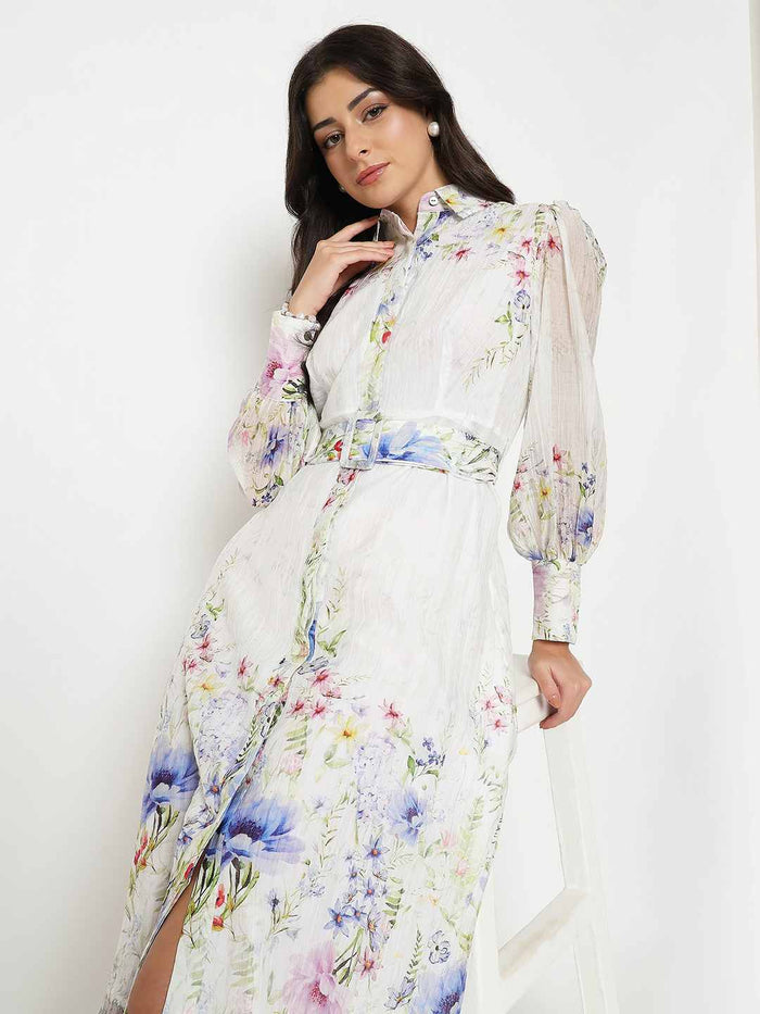 Madame Floral Print Belted White Shirt Dress