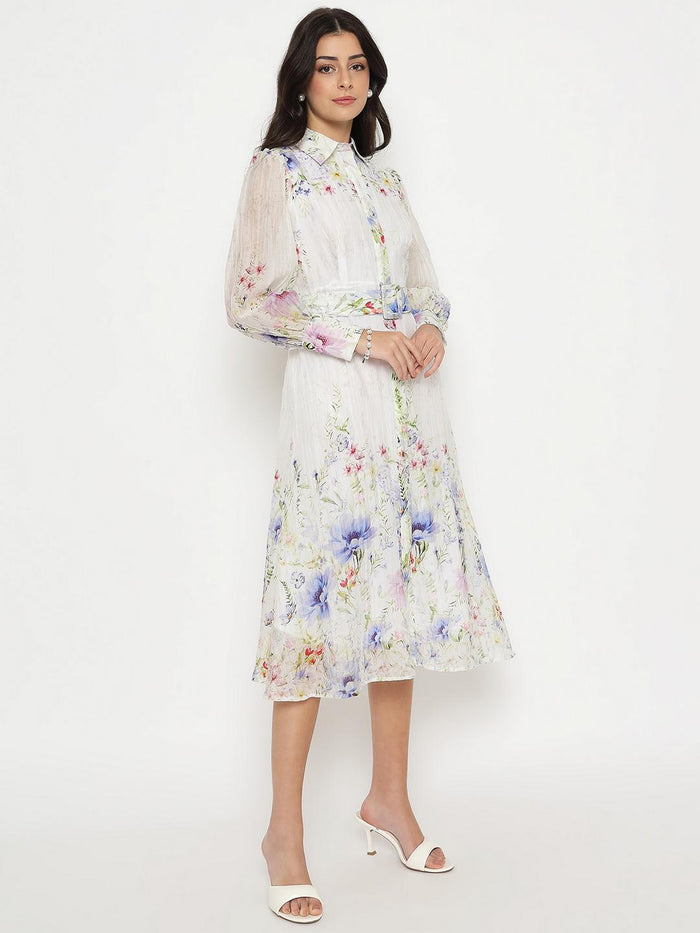 Madame Floral Print Belted White Shirt Dress