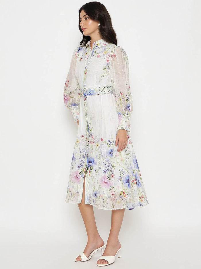 Madame Floral Print Belted White Shirt Dress