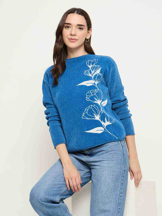 Madame Floral Print Blue Pullover Sweater