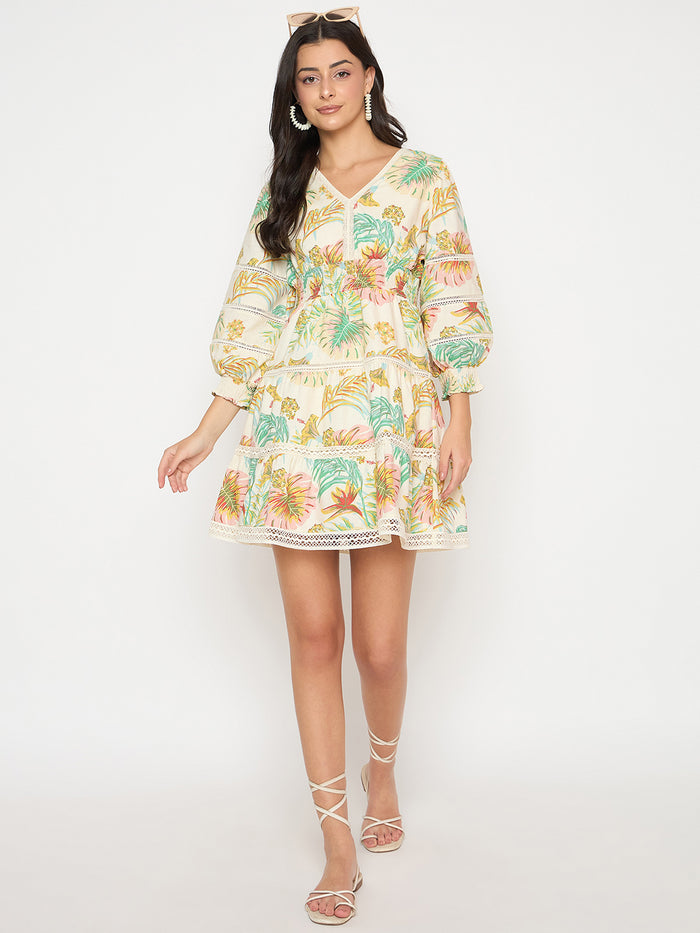 Madame Floral Print Tiered Off White Mini Dress