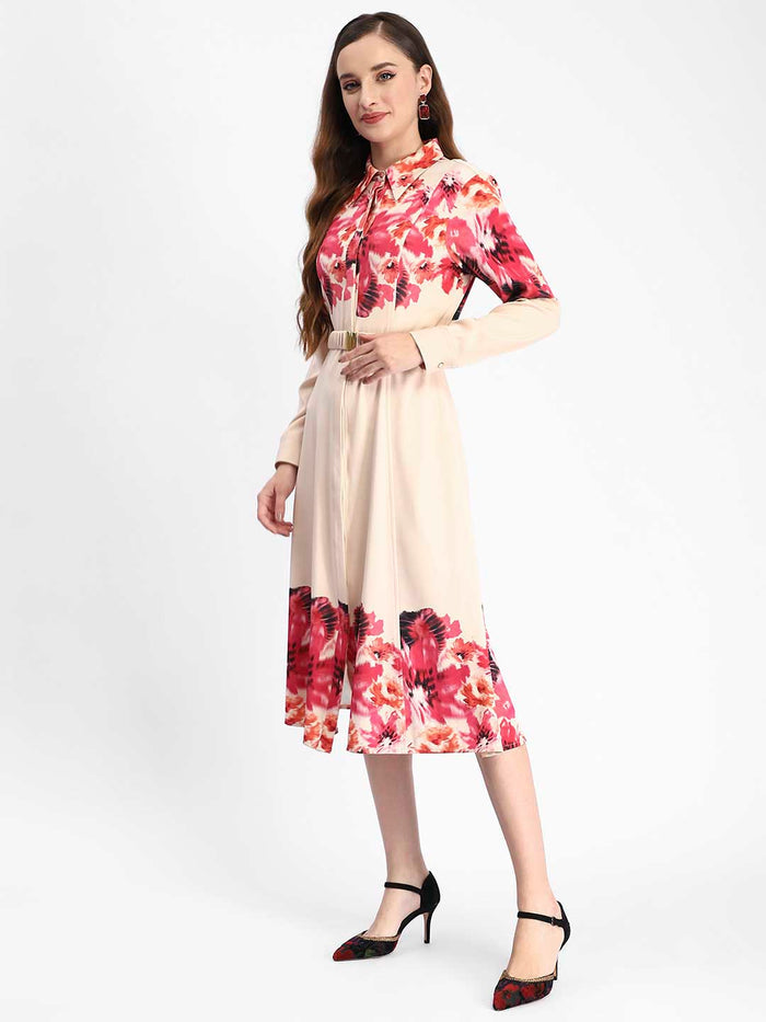 Madame Floral Printed Button Down Shirt A-Line Dress