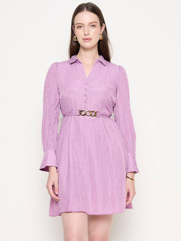 Madame Flounce Sleeved Belted Mauve Mini Dress