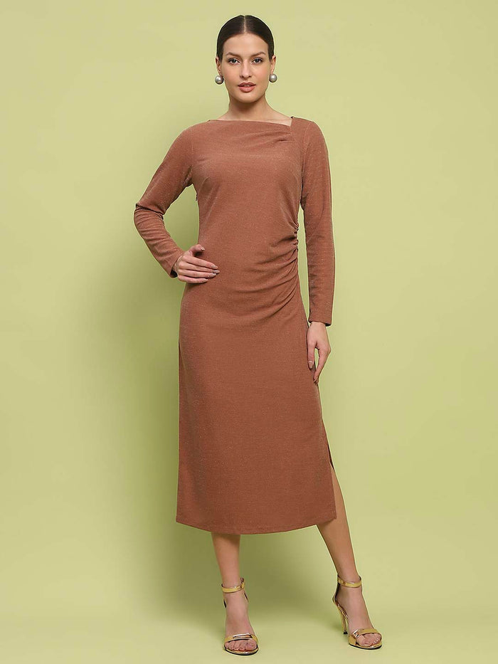 Madame Front Ruched Self Design Rust Red Knit Maxi Dress