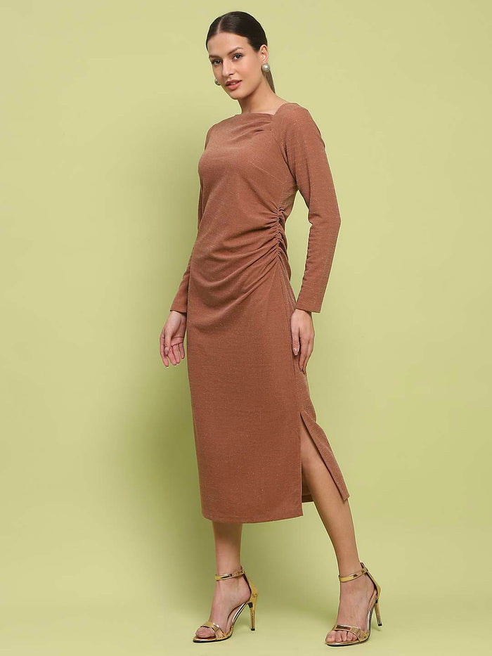 Madame Front Ruched Self Design Rust Red Knit Maxi Dress