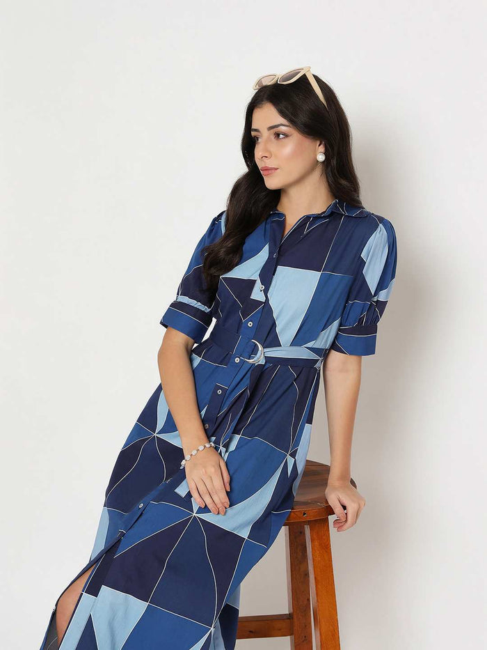 Madame Geometric Print Belted Blue Maxi Shirt Dress