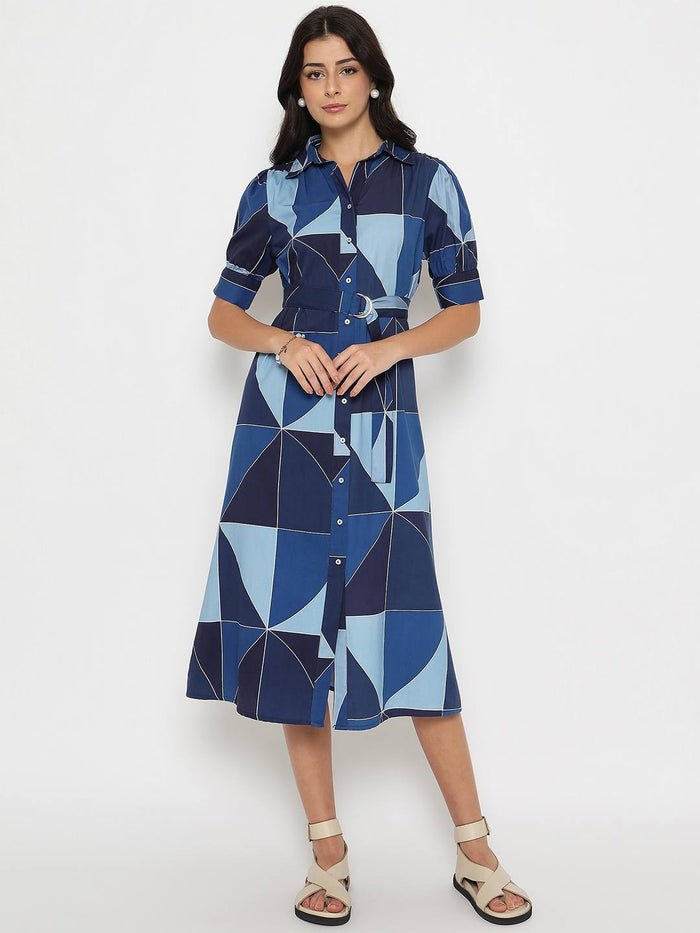 Madame Geometric Print Belted Blue Maxi Shirt Dress