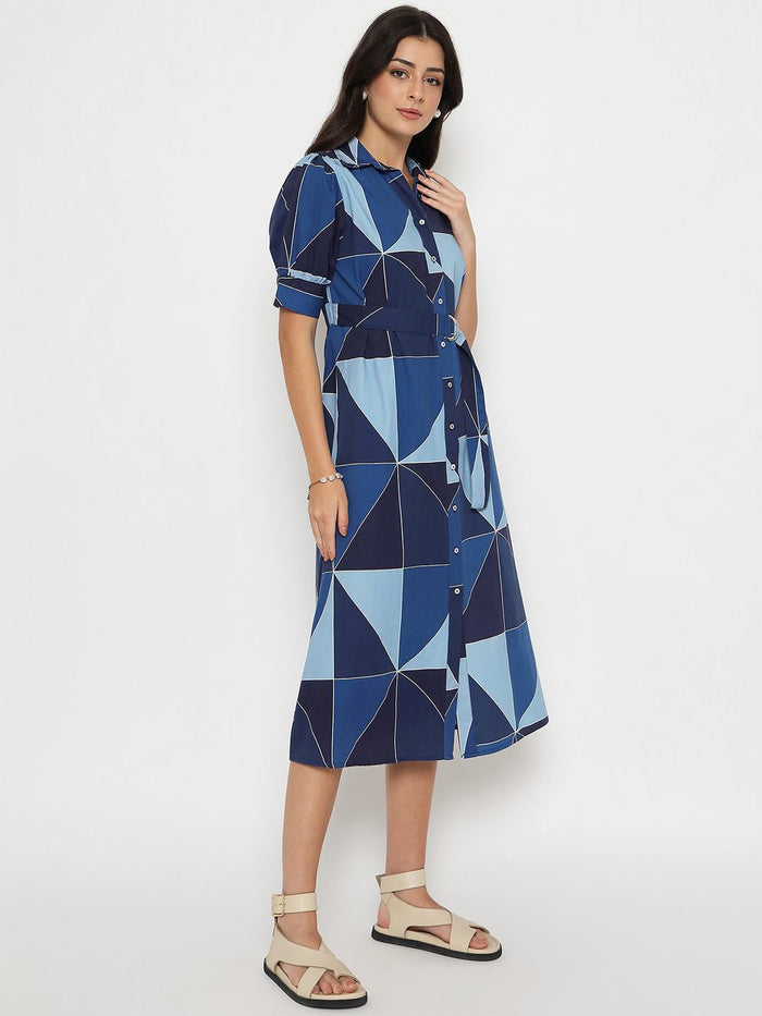 Madame Geometric Print Belted Blue Maxi Shirt Dress