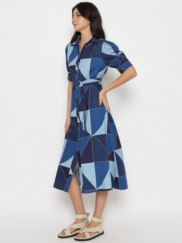 Madame Geometric Print Belted Blue Maxi Shirt Dress