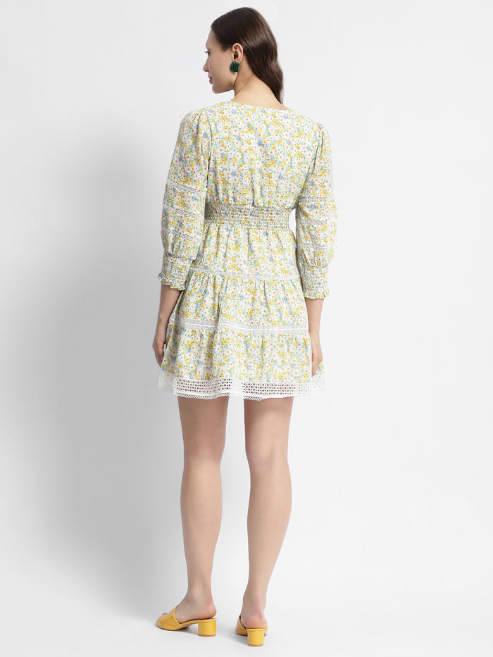 Madame Green Fit And Flare Floral Print Short Dress