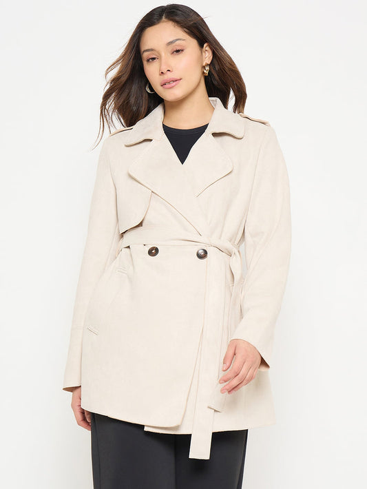 Madame Lapel Notch Collar Off White Long Coat with Belt and Buttons