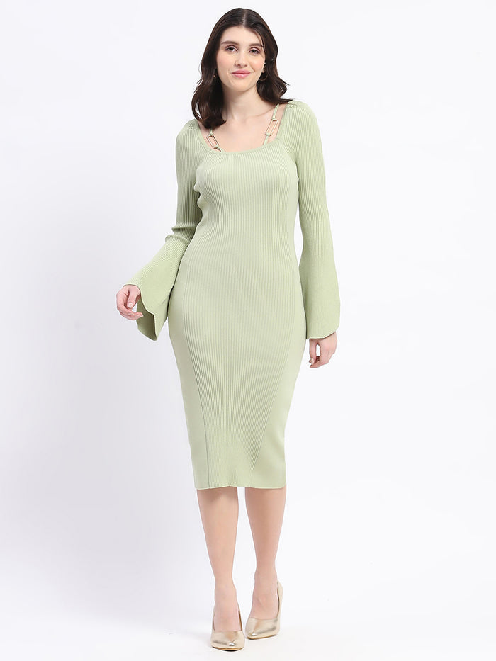 Madame Mint Green Knitted Midi Dress with Flounce Sleeves