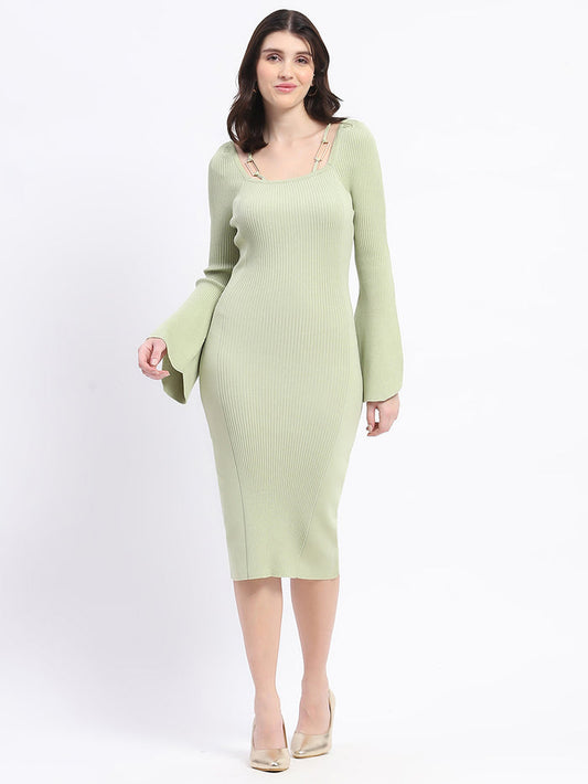 Madame Mint Green Knitted Midi Dress with Flounce Sleeves