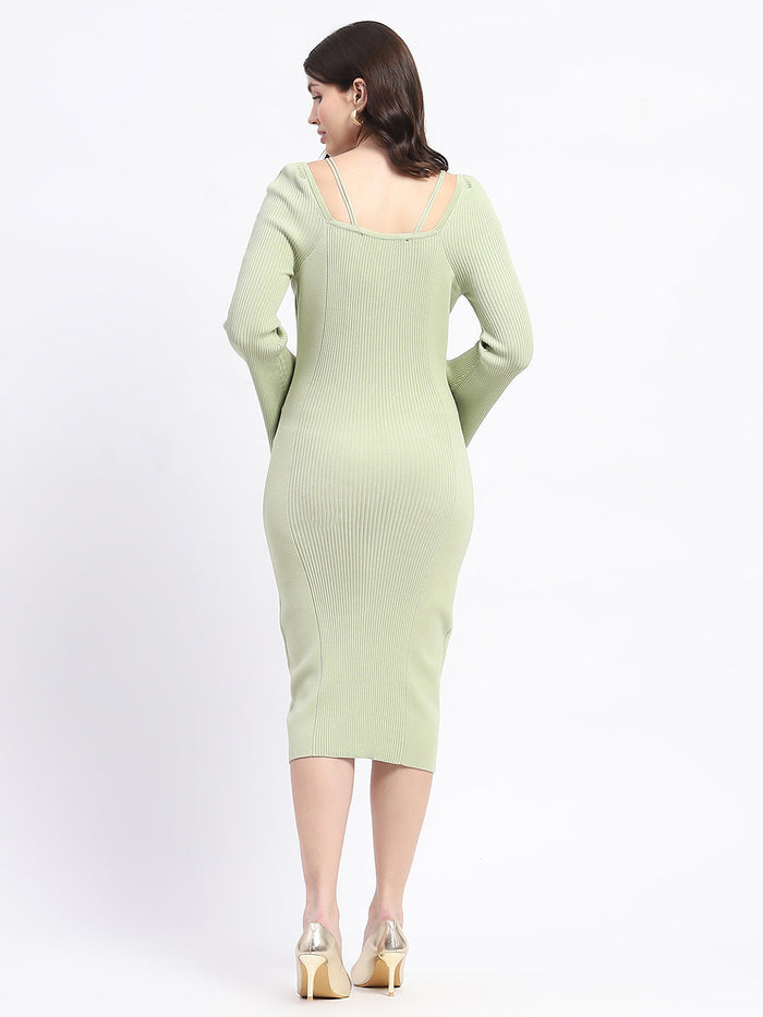Madame Mint Green Knitted Midi Dress with Flounce Sleeves